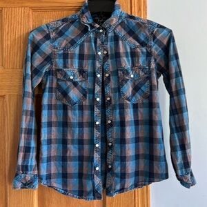 Earl Jean men’s button down snaps blue plaid long sleeve shirt, size small